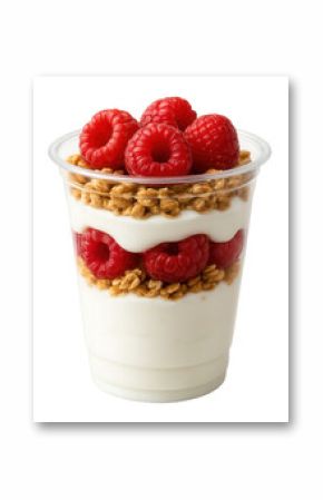 Raspberry yogurt parfait in a plastic cup.