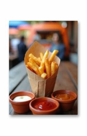 Golden crispy french fries served in paper cone with ketchup, mayonnaise dipping sauces on wooden table. Casual dining street food offers delicious potato snack with savory condiments. Enjoy quick