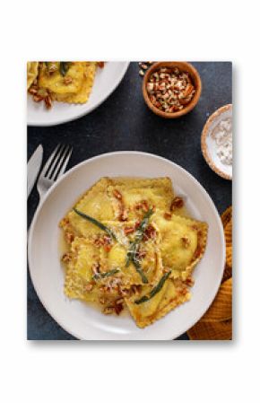 Pumpkin ravioli with brown butter pecan sauce and sage