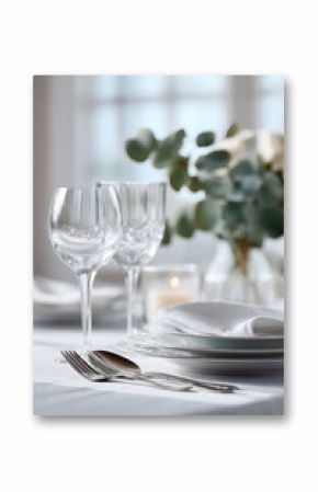 Elegant table setting with crystal glasses, plates, and cutlery. Soft, blurred background with flowers  candlelight evoke sophistication. Ideal for events, dining, or celebrations.