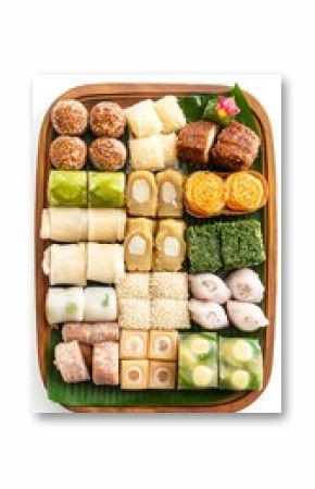 Assorted Asian Desserts on Wooden Tray with Banana Leaf, Colorful, Delicious