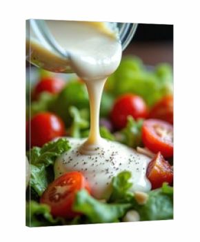 Creamy ranch dressing pours over vibrant garden salad. Fresh tomatoes and crisp greens mix with a creamy sauce. Healthy lunch or dinner option, colorful and delicious food.