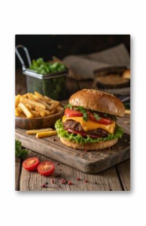 Burger with Fries and Vegetables on Wood Surface