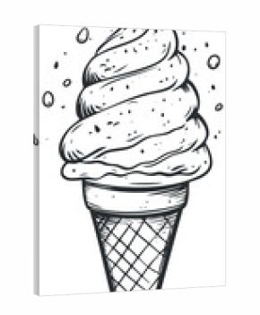 Hand drawn black and white illustration of a soft serve ice cream cone with sprinkles on a white background