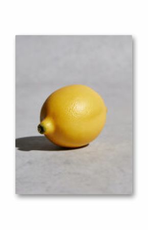 A yellow fresh lemon with realistic skin texture sits by itself on a soft gray background, photographed in sharp detail