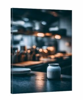 A small ceramic vase sits on a dark counter in a bustling restaurant kitchen with warm ambient lighting.