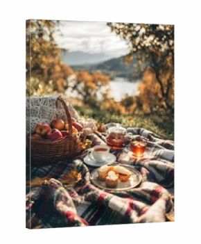 Autumn picnic with blanket, tea, and fruits in basket