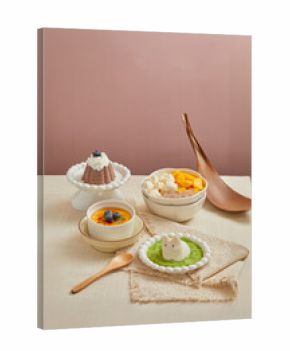 Assortment of Traditional Cantonese Desserts on Table,A Selection of Desserts Made from Red Bean, Fruits and Tang Yuan