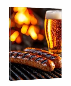 Grilled sausages and a refreshing beer on a rustic ou. Savory frankfurter cool ale beverage atop weathered wood surface culinary delight country flavor gastronomy refreshment