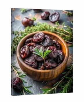 A bowl of dried plums surrounded by fresh herbs like rosemary and thyme on a rustic gray background