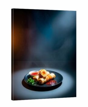 Crispy Fried Spring Rolls on a Dark Plate Under a Spotlight.