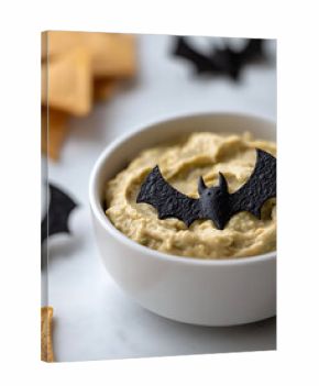 Festive Halloween hummus with bat decoration. Bowl of creamy dip and chips, perfect for parties and spooky season snacks.