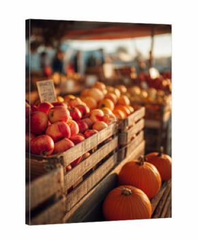 Vibrant farmers market with fresh apples and pumpkins at sunset