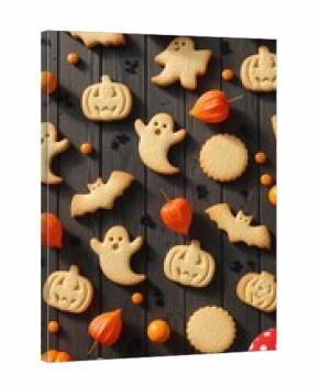 Spooky Halloween cookies and pumpkins on dark wood