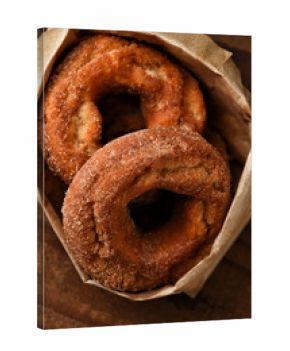 A brown paper bag filled with fresh baked Apple Cider Donuts.
