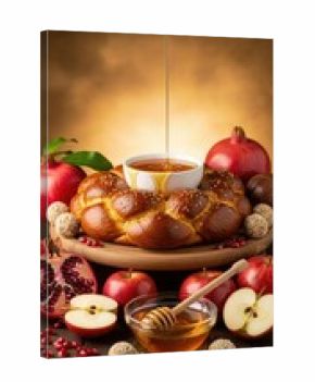 Rosh Hashanah table with round challah bread, pouring golden honey, vibrant red pomegranates, fresh apples, sweet dessert balls, wooden surface, festive holiday meal.
