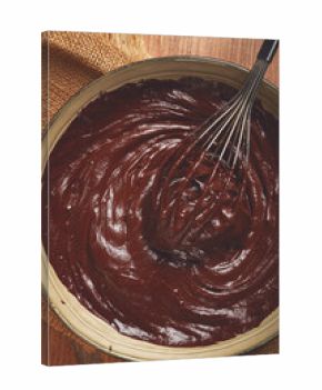 a bowl of chocolate dough, a whisk for whipping, baking, structure and consistency, homemade, top view, no people,