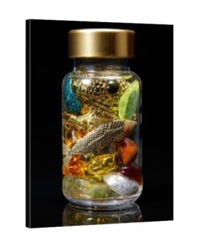 Una botella llena de elementos marinos y suplementos, creando una composición artística y surrealista.