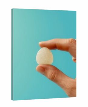Hand holding white vitamin gummy candy on blue background