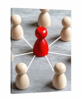 A red wooden figure stands at the core of a network, encircled by white figures against a blue background, illustrating the concept of leadership and collaboration