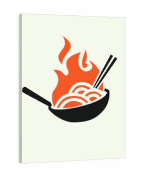 Stylized illustration of noodles in a wok with chopsticks, engulfed in vibrant orange flames, against a neutral background.