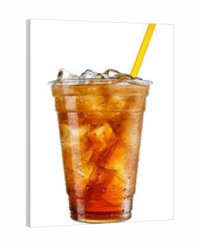 Iced tea in fogged disposable plastic cup with straw isolated on white background