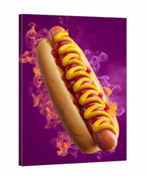 hot dog with mustard and ketchup on vibrant purple background, fast food illustration for advertising, menu design, and snack promotion