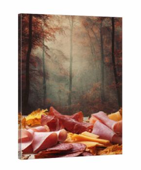 Assorted cured meats and cheese slices arranged on autumn leaves with a misty forest in the background, creating a rustic and seasonal outdoor picnic atmosphere.