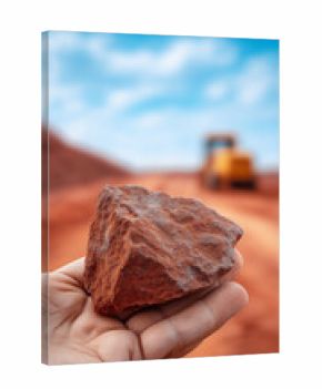 Hand holding a red rock at mining site with blurred excavator in background, symbolizing geology, excavation, industry and raw material extraction in natural environment.