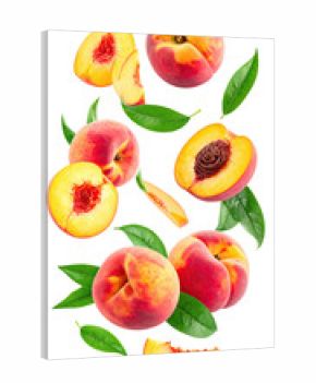 Peach slices and whole peaches with leaves (1)