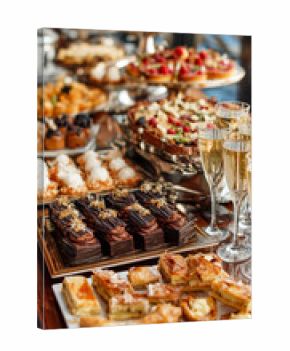 Exquisite dessert spread featuring cakes, tarts, and pastries, complemented by glasses of sparkling wine. A feast for the senses.