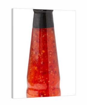 Sweet chili sauce in glass bottle on a transparent background