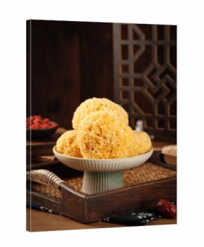 Snow Fungus Silver Ear Mushroom Traditional Chinese Medicine Ingredient in Ceramic Bowl