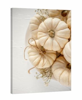 White mini Baby Boo pumpkins, one tied with twine, arranged with delicate baby's breath flowers on a white textured background, creating a minimalist flat lay for fall holidays