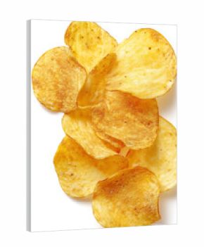Crispy potato chips with flavorful seasonings. Golden-brown, snackable goodness on a white surface. A delightful treat anytime.