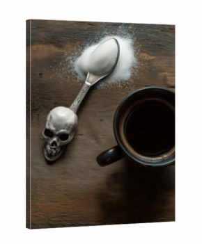 A skull handled spoon holds sugar next to a steaming mug of coffee on a rustic wooden surface, creating a dark still life.