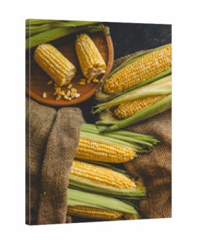 Fresh corn on the cob arranged on a wooden plate and burlap sack.