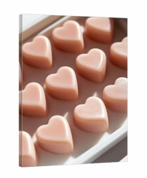 Heart-shaped candies on a white tray symbolize love and sweetness. Perfect for romantic celebrations or a delightful treat, arranged in neat rows, casting soft shadows.