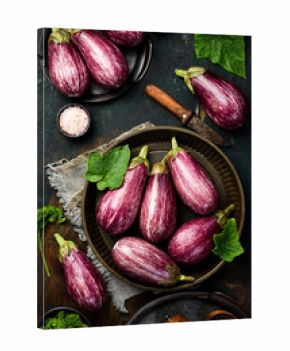 A bunch of eggplant is ready for cooking. vegetarian food. Organic vegetables. Top view.