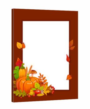 Autumn fall season poster with red and yellow leaves and harvest. Cartoon vector , vertical blank frame or border template with background decorated with pumpkins, mushrooms, apples, pears and wheat
