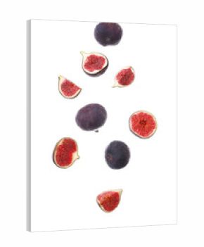 Flying fresh ripe figs on white background