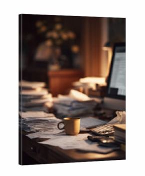 Golden hour on a cluttered desk, papers stacked high. A coffee mug offers respite from work. Evokes stress, deadlines, home office, or the need for organization.