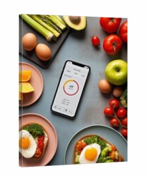 Flat lay of smartphone showing calorie tracking app, surrounded by neatly prepared healthy meals, digital diet concept