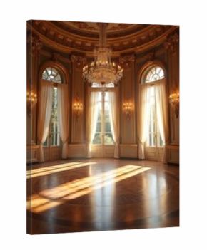 Grand ballroom with ornate chandelier, large windows, and sunlight streaming onto polished wooden floor. Elegant, opulent, and spacious room perfect for events.