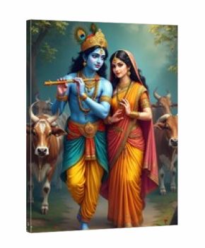 Blue skinned god Krishna plays flute near Radha. Cows walk past them on forest path. Couple wear Indian traditional clothes, jewels, adornments. God and goddess are divine figures.
