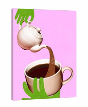 Trendy collage. Green hands pouring tea from teapot into large cup on pink background. Concept of beverage service, morning ritual, relaxation, and modern minimalist illustration.