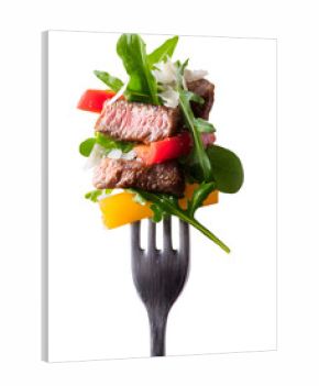 Juicy grilled kebab with vegetables on fork isolated on transparent background, perfect for food and restaurant compositions..