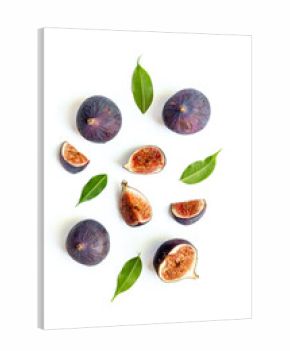 Purple ripe figs fruit and slices with green leaves top view on a white background