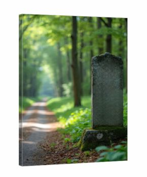 Stone marker stands along pathway in rich green forest. Peaceful landscape features rural road. Camino de Santiago concept for religious tourism, pilgrimage route and spiritual journey along nature.