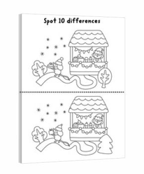 Christmas line find differences game. Winter holiday black and white activity with market stall, elf, selling pastry. Printable worksheet, coloring page for kids with New Year character